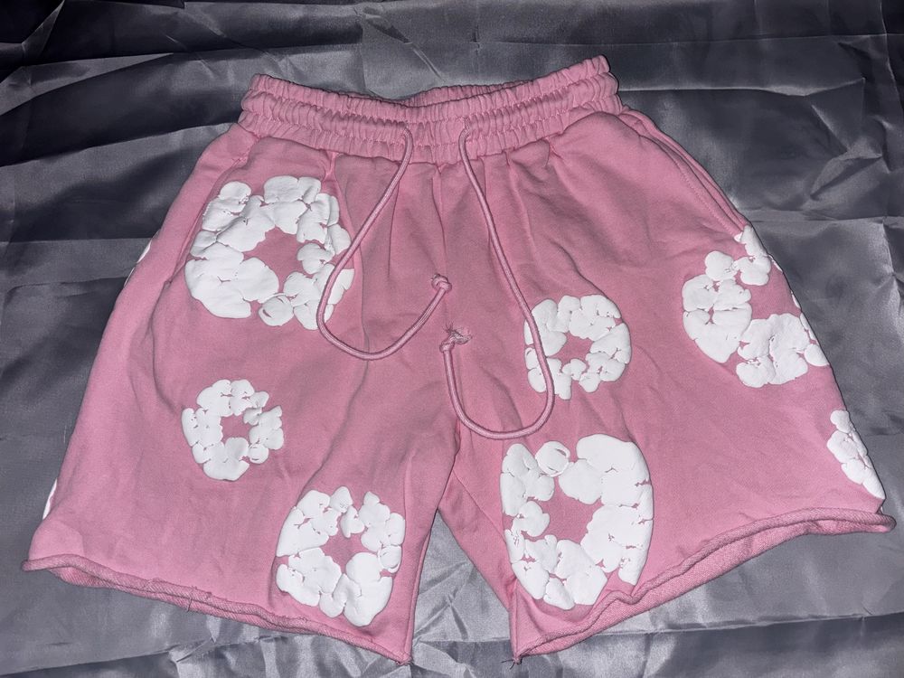 Calções demin tears rosa e branco