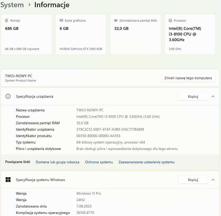 Komputer i3-8100, 32GB RAM DDR4, MSI GeForce 1060 6GB, 2 dyski SSD