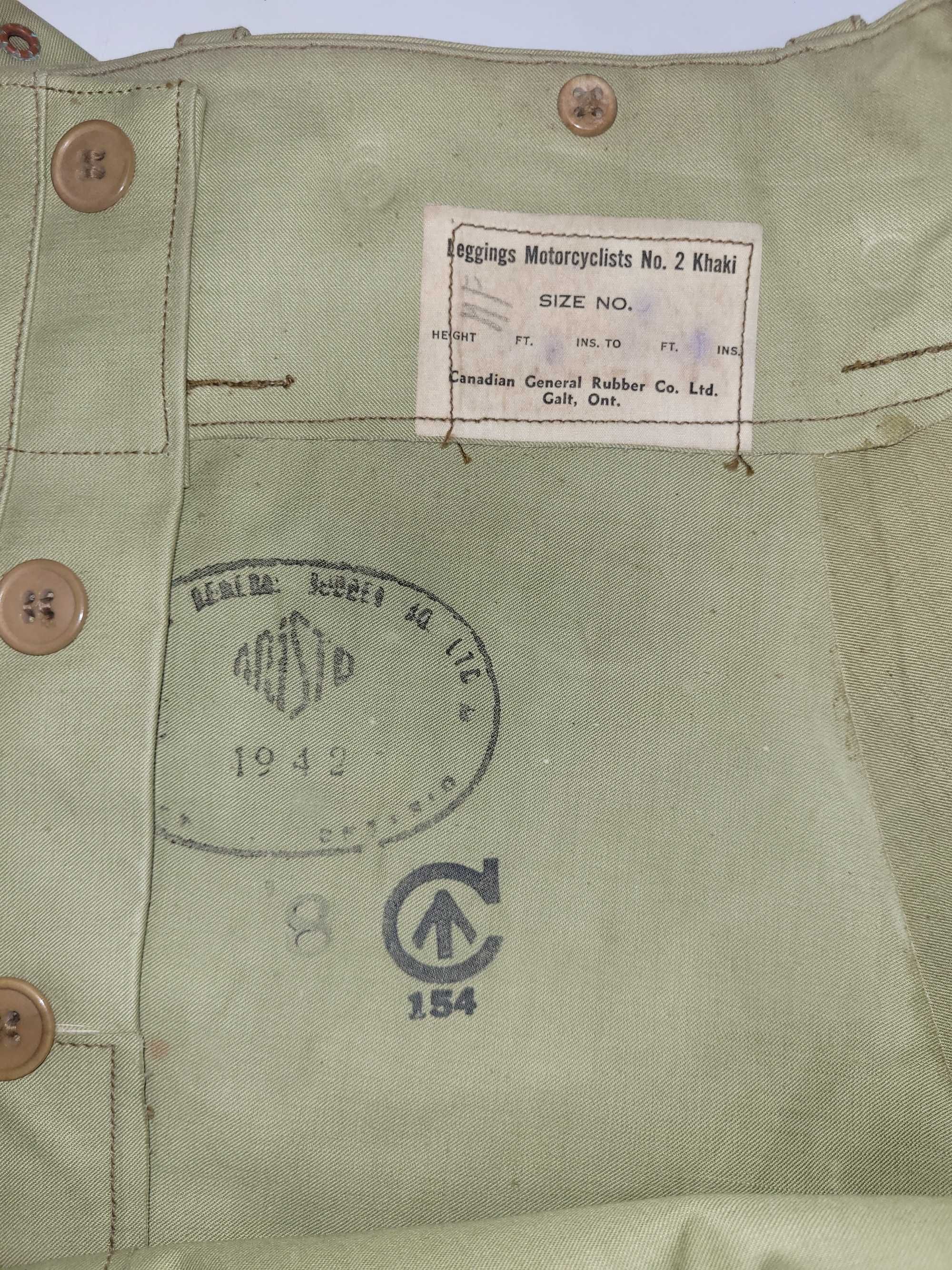 LEGGINGS MOTORCYCLISTS khaki no 2 Canadian General Rubber Co. Ltd 1942