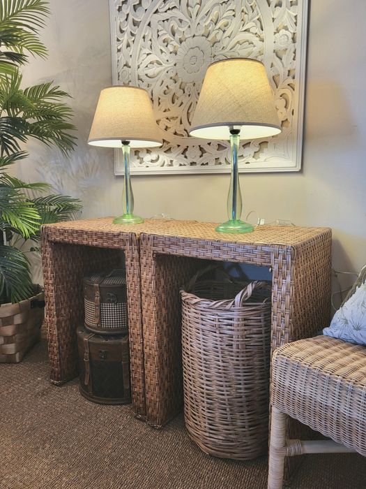 2 mesas, apoio, cabeceira, consola, rattan, verga, rustico
