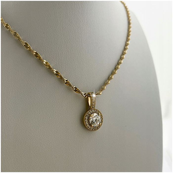 Damski Złoty Łańcuszek Stal Chirurgiczna + Okrągły Wisiorek + Cyrkonie