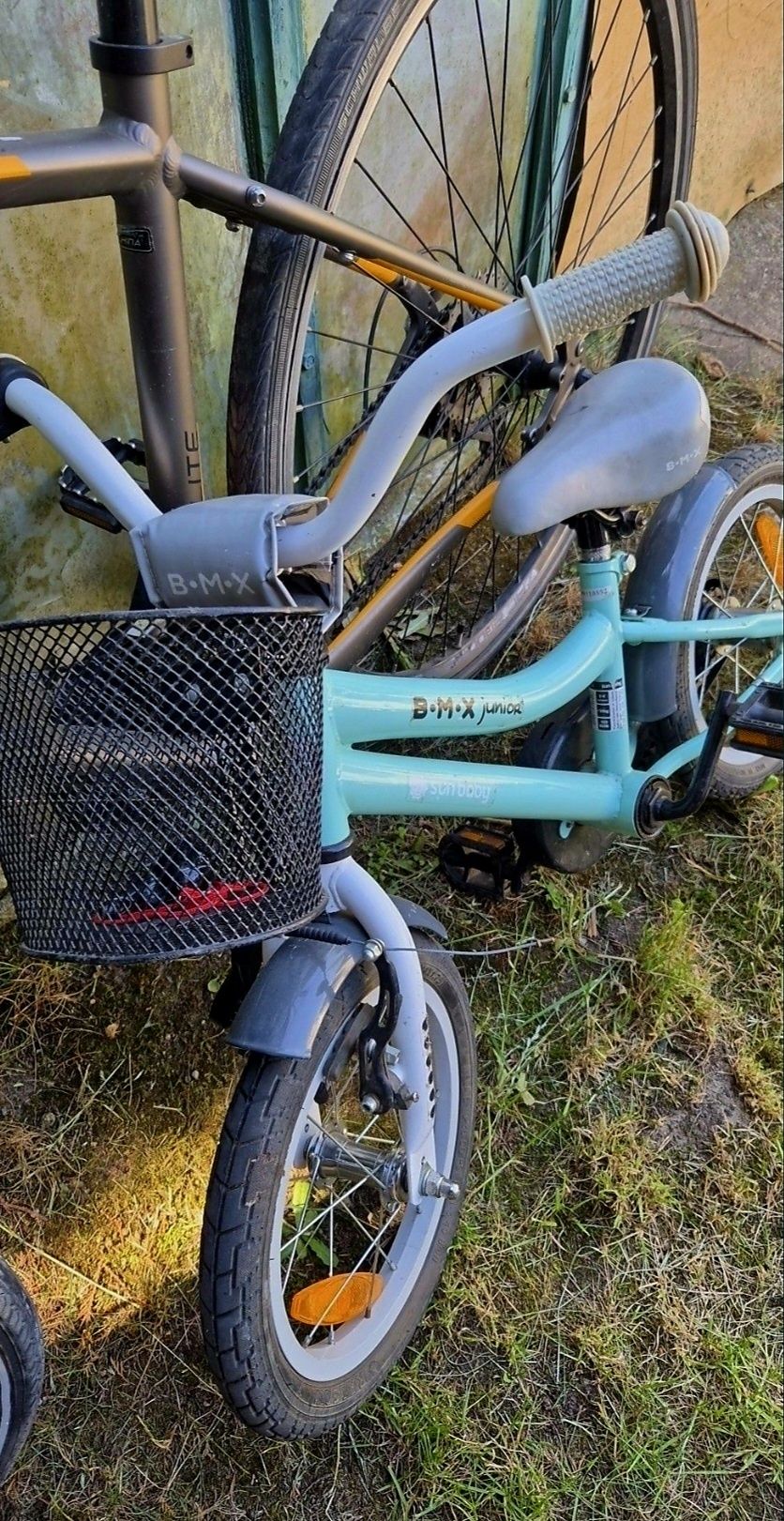 Rower dzieci BMX 14 cali z koszyczkiem i rączką do prowadzenia