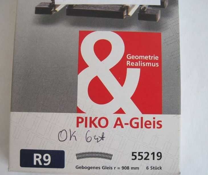 Tory Piko H0, A-Gleis, łuki 6 sztuk. R9 55-219. Kolejka.