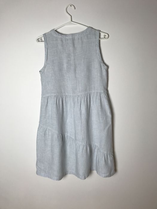 Błękitna lniana wakacyjna, letnia sukienka w białe paski Lucky Brand