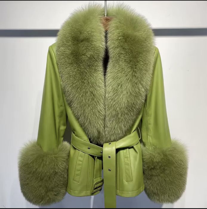 Kontantto kurtka skora ramoneska zielen futro lis xs-5xl