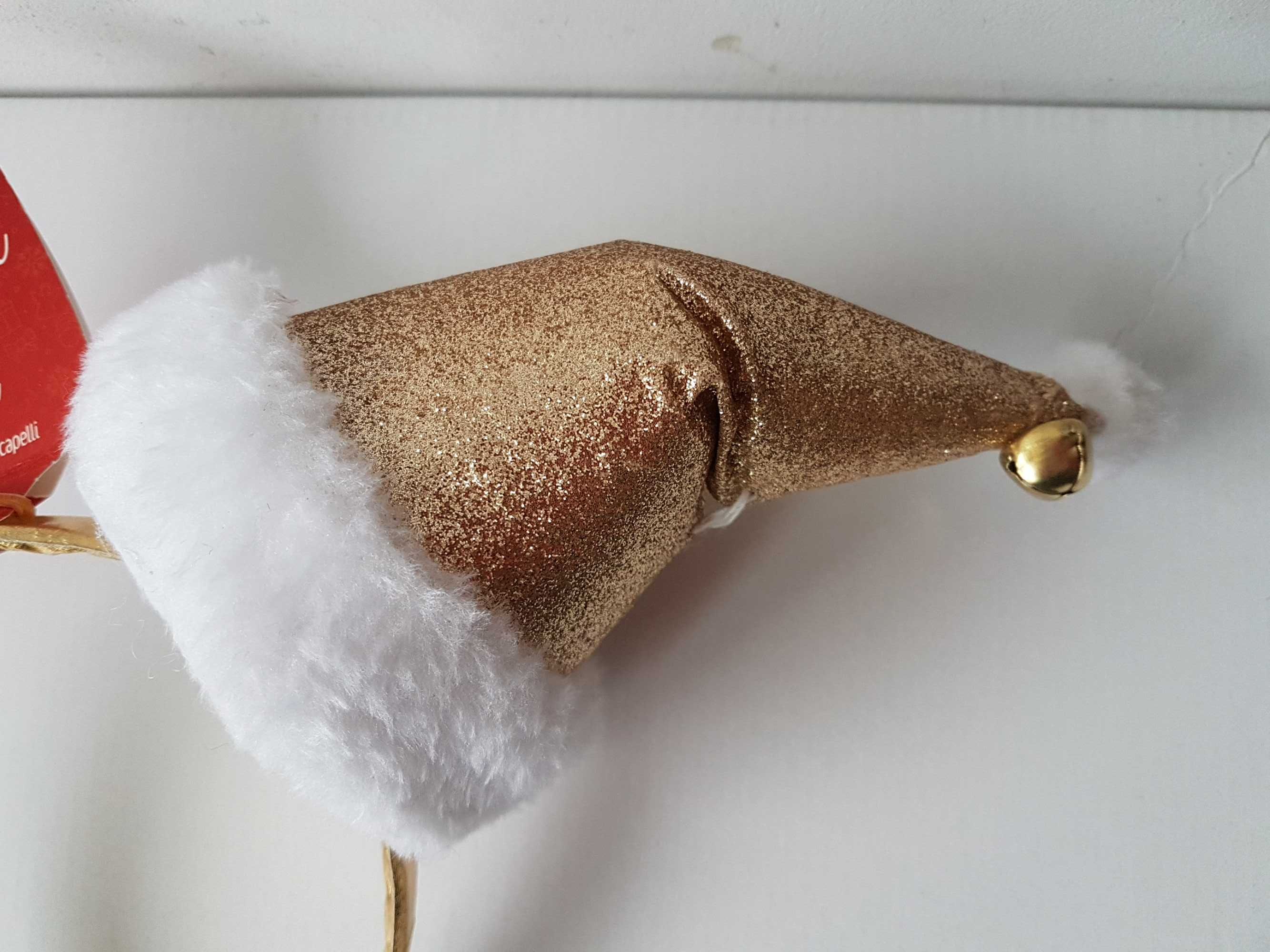 Nowa złota opaska z złotą czapką Świętego Mikołaja dzwoneczek brokat