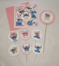 Zestaw na urodziny imprezę różowy Angel i Stitch topper kartka pikery