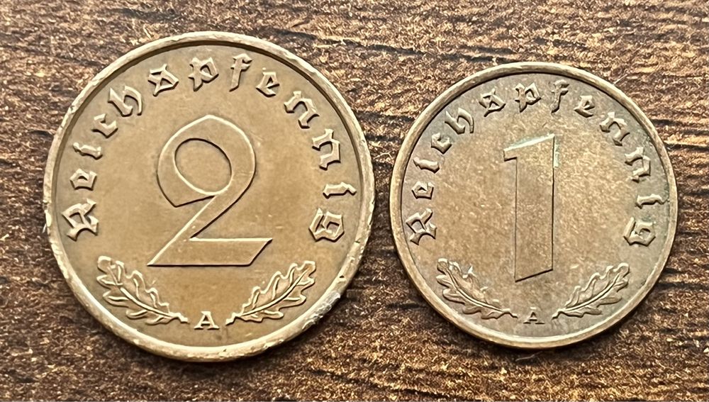 2 Reichspfennig 1939 r 1 Reichspfennig 1938 rok