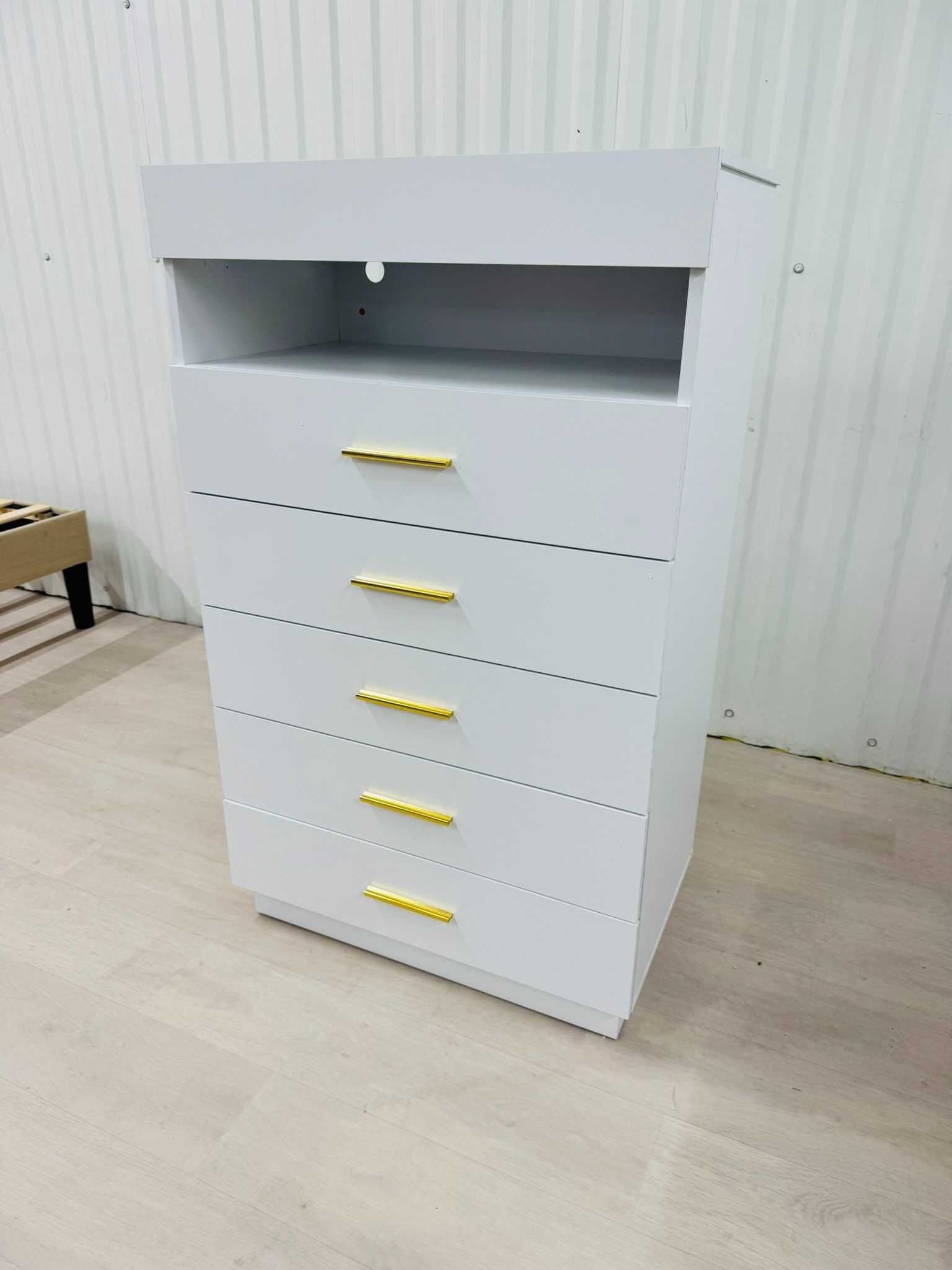 Komoda wysoka 5 szufladowa Biało złota Szafka