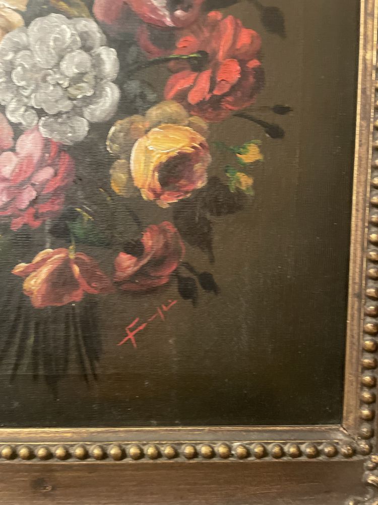 Quadro com pintura a oleo antigo e moldura em madeira dourada