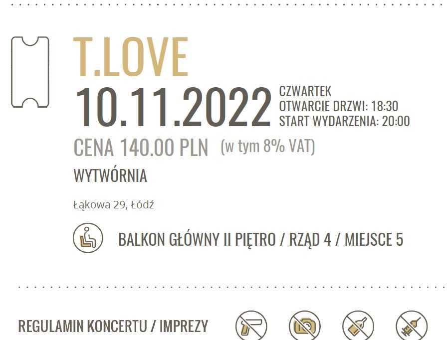 Dwa bilety na koncert TLove Łódź 10 listopada