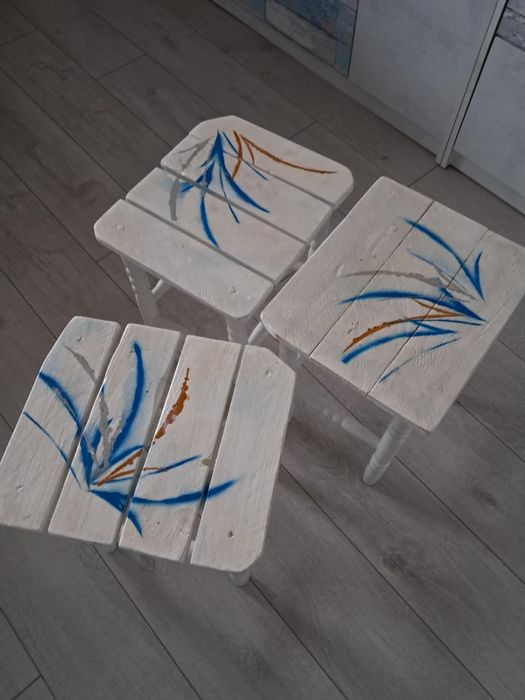 3 taborety białe vintage handmade