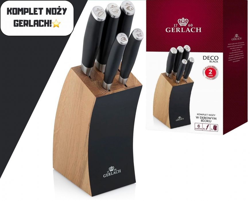 ZESTAW KOMPLET NOŻY kuchennych Gerlach Deco black ze stali blok!