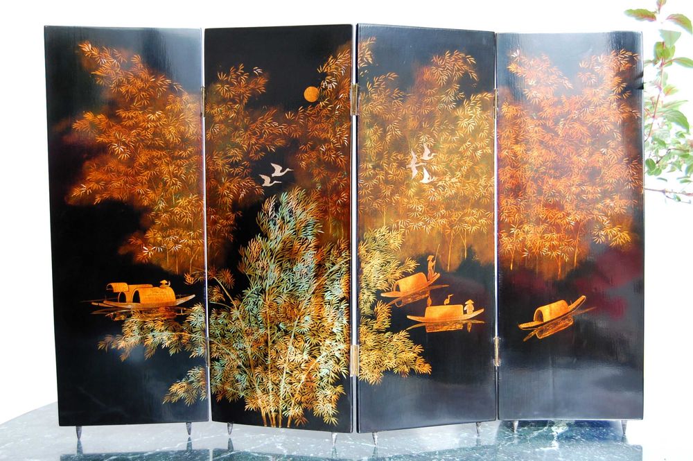 Parawan z laki, chiński obraz, pejzaż, laka, żurawie łodzie, vintage
