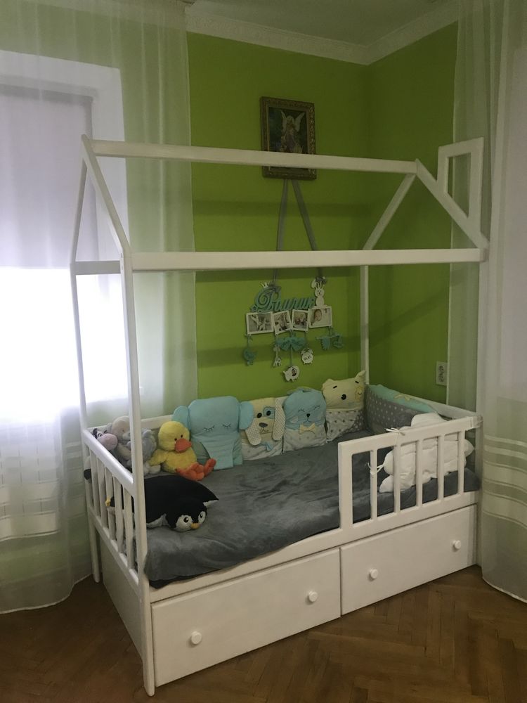 Ліжечко Хатинка 80*160 , Дитяче Ліжко , деревяне ліжечко  з шуфлядами