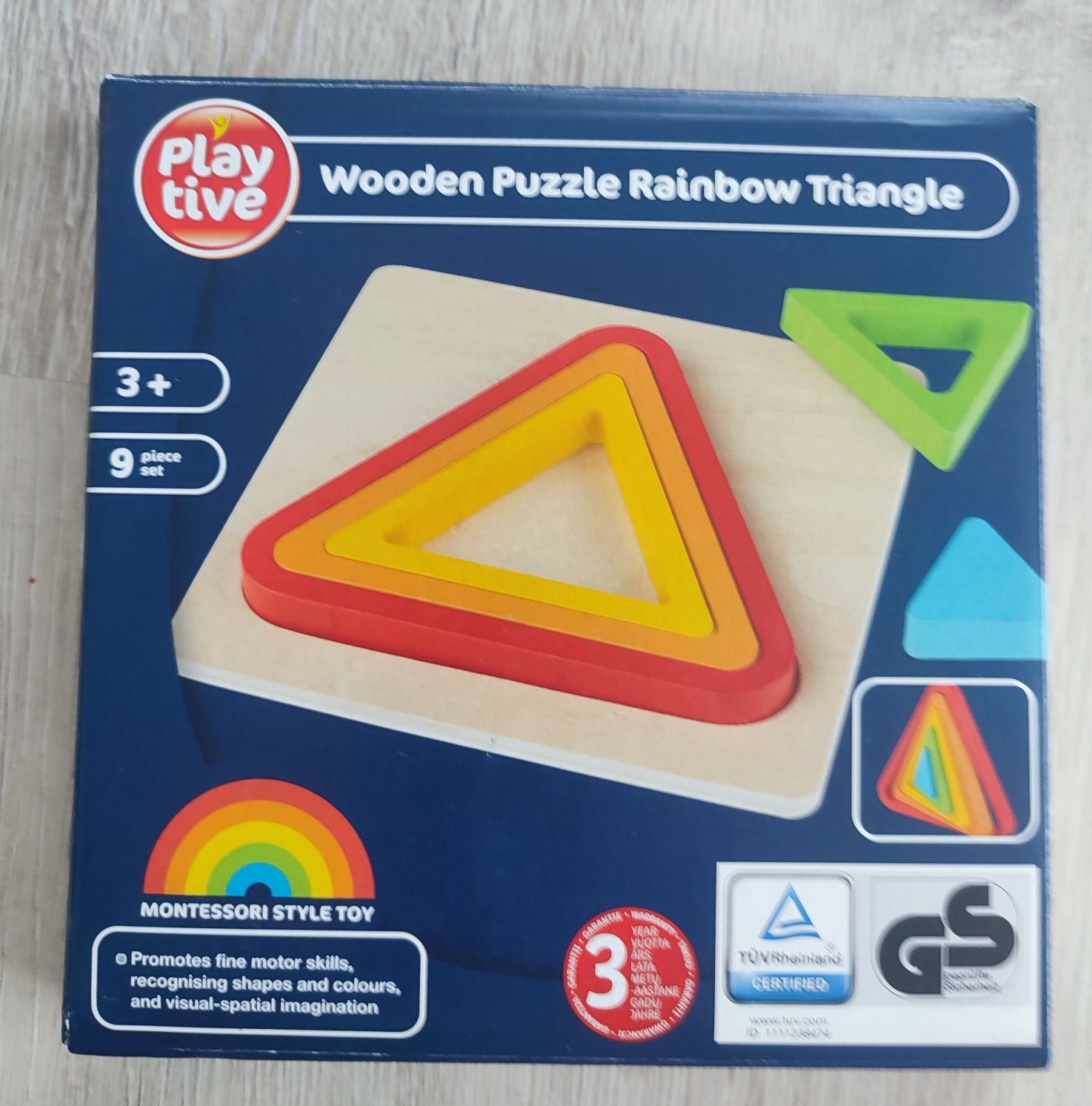 Drewniane puzzle tęczowe trojkaty