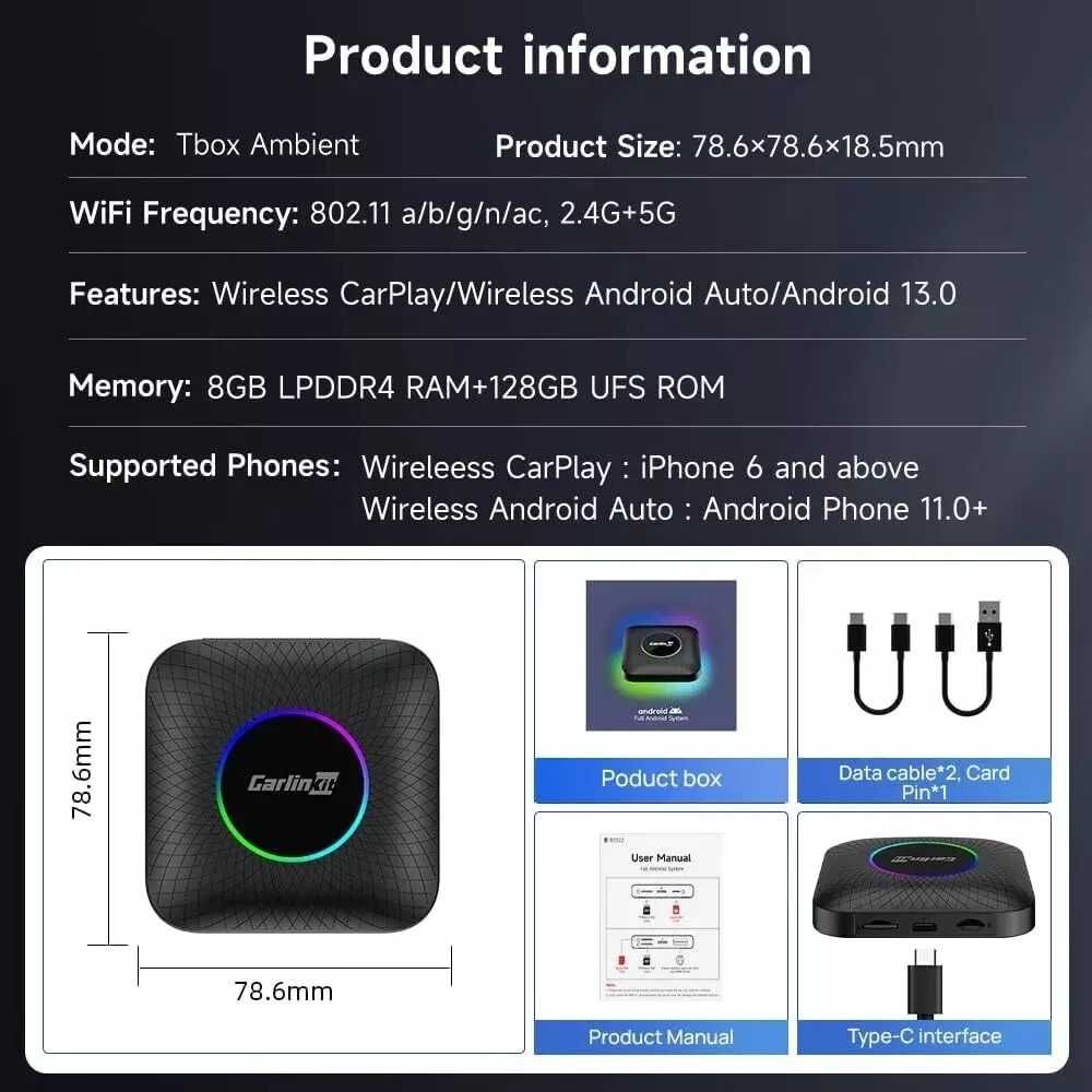 Carlinkit TBox LED 8/128Gb адаптер Apple CarPlay Android Auto
