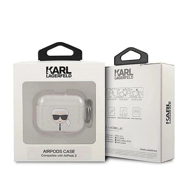 Etui Karl Lagerfeld Glitter Karl's Head na AirPods 3 - srebrne