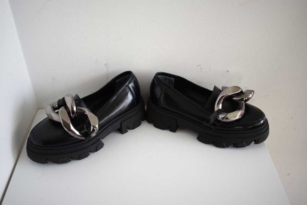 Oleksy półbuty buty mokasyny czarne 37 skórzane skóra  łańcuch