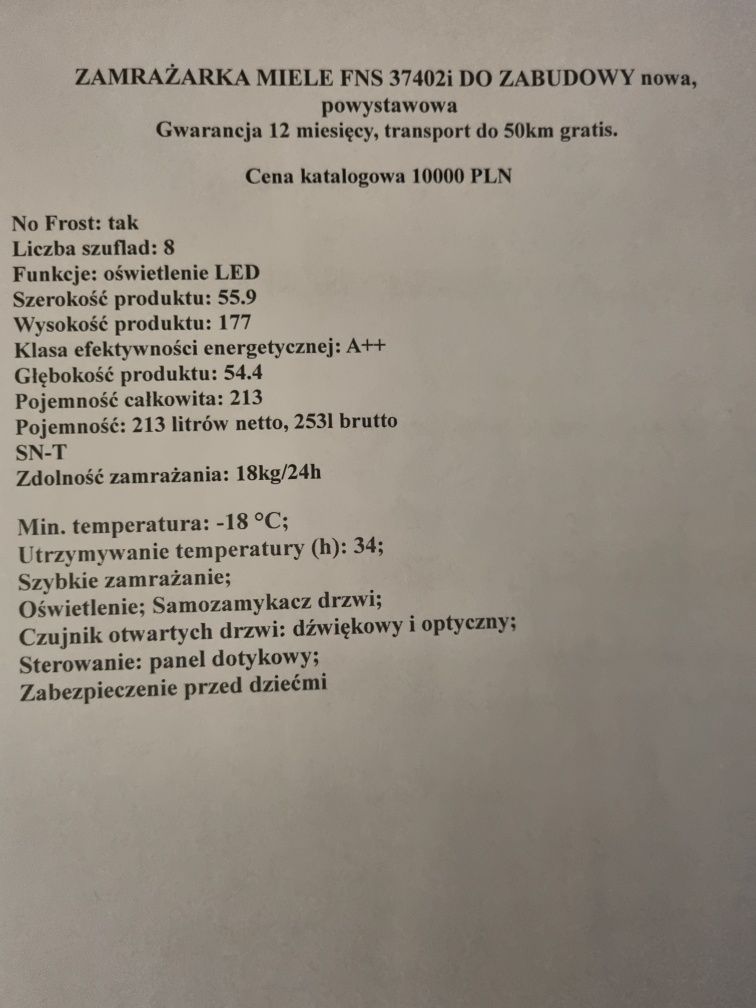 Zamrażarka Miele FNS 37402 i do zabudowy