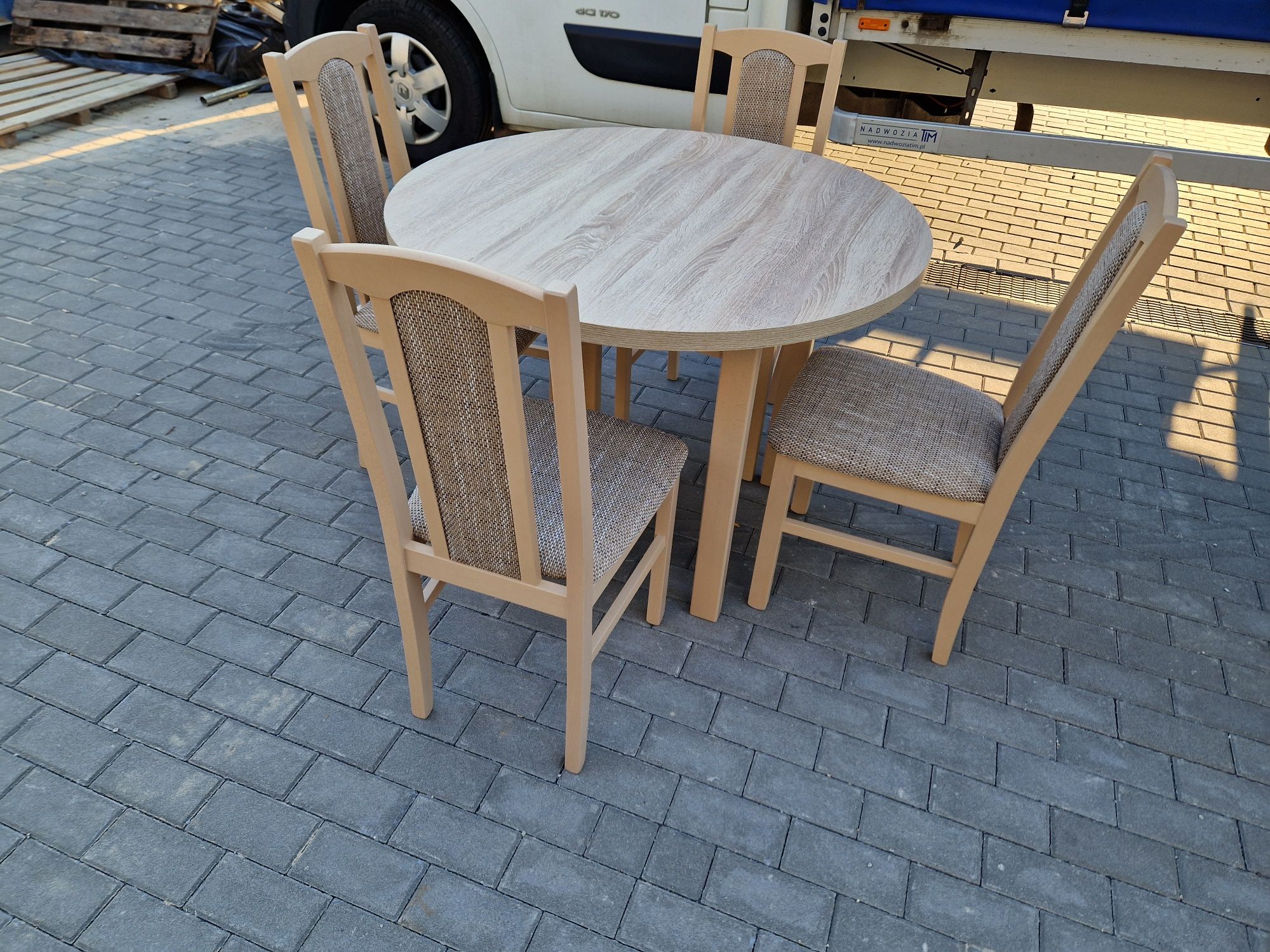 Nowe : Stół okrągły + 4 krzesła, sonoma + cappuccino , dostawa PL