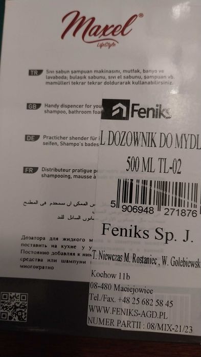 Dozownik mydła w płynie 500ml Model TL02