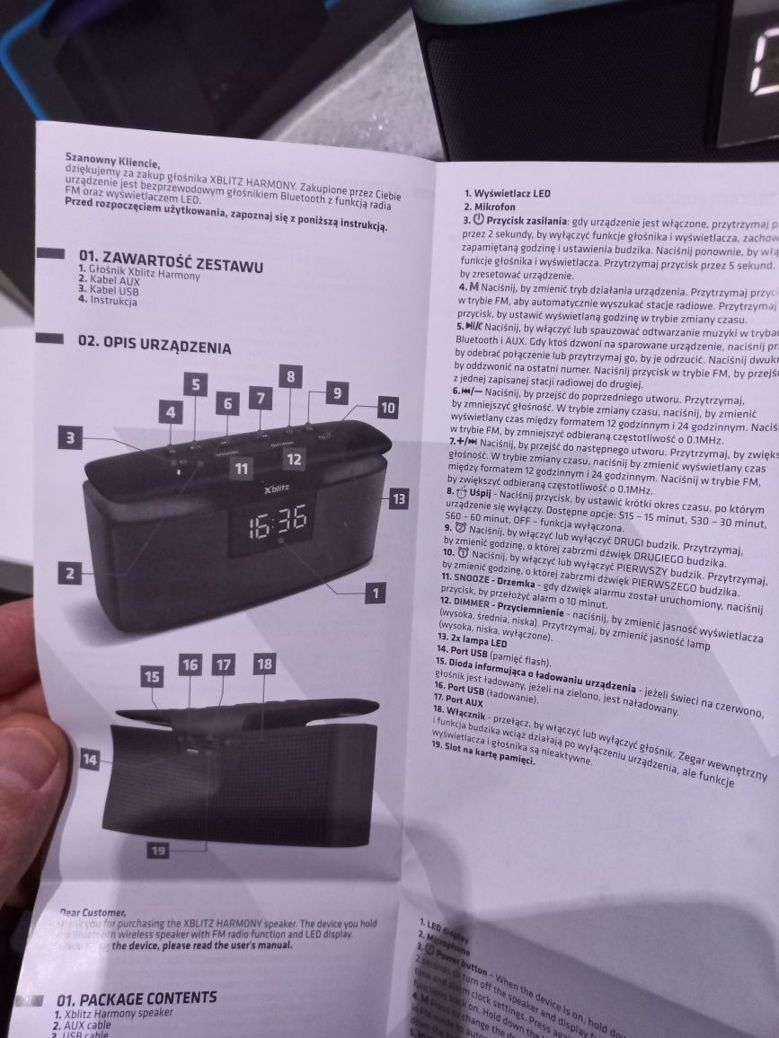 Głośnik Xblitz przenośny bluetooth usb zegar budzik  aux micro SD