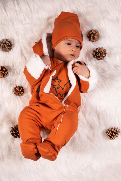 Kombinezon 68 pajacyk lisek dla niemowląt kaptur uszka suwak rudy