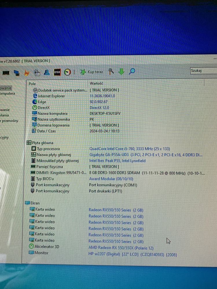 Komputer stacjonarny RX550 i5 SSD 8RAM