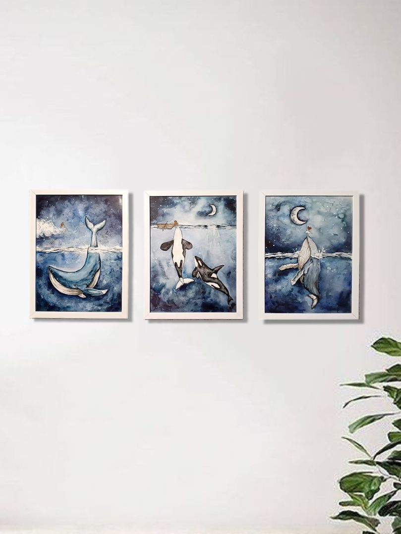 Триптих акварель кити/ розмір 30х40/ океан небо ніч