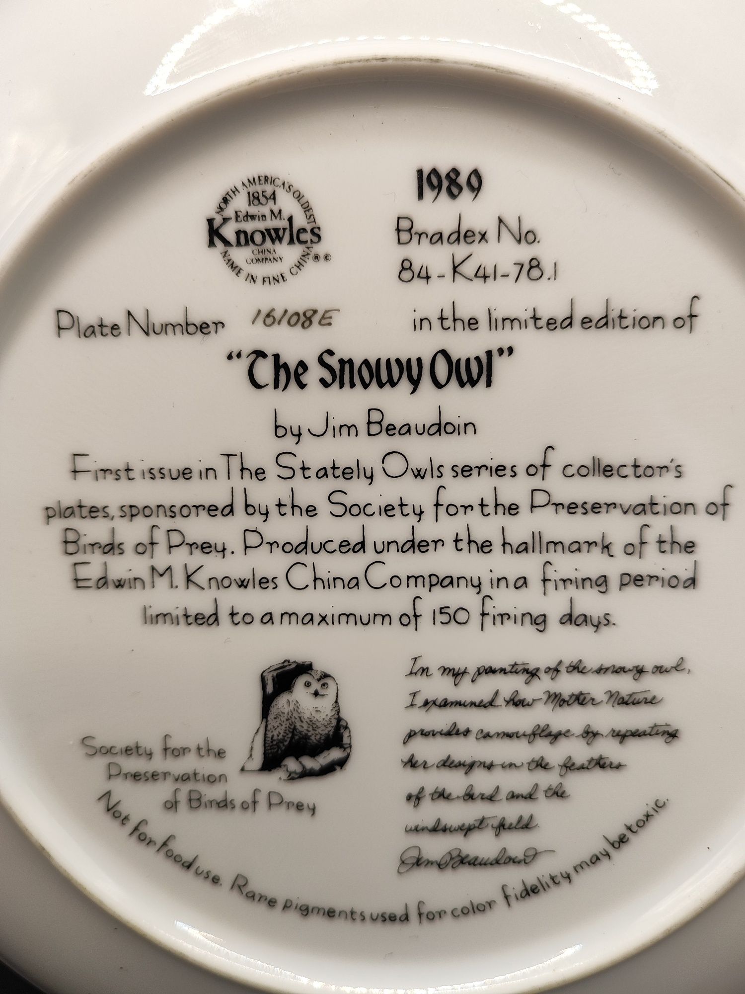 Talerz kolekcjonerski sowa śnieżna Knowles Jim Beaudion handmade