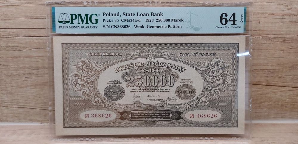 Banknot 250.000 marek polskich 1923r  PMG64 EPQ