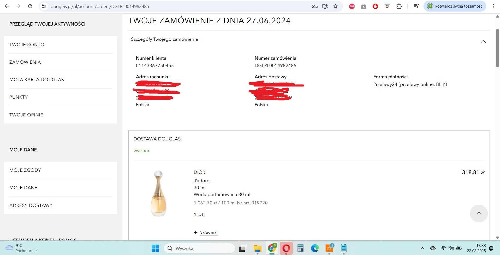 Dior J’adore  Woda perfumowana Douglas 30 ml