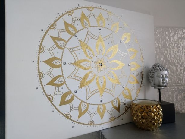 Nowy ręcznie malowany złoto biały duży obraz 50x40 cm Mandala