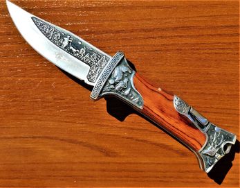 Nóż myśliwski składany drewno grawer Foxter 23cm scyzoryk piękny