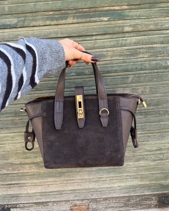 Czekoladowa torebka shopperka zamsz zapięciem skóra naturalna zamsz