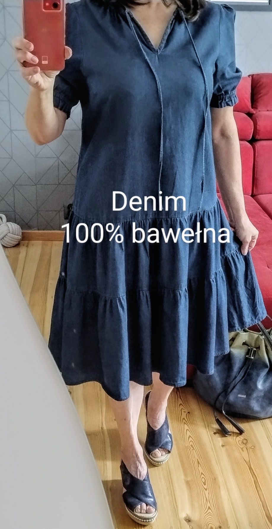 Sukienka jeans MIDI z falbanami, 100% bawełna