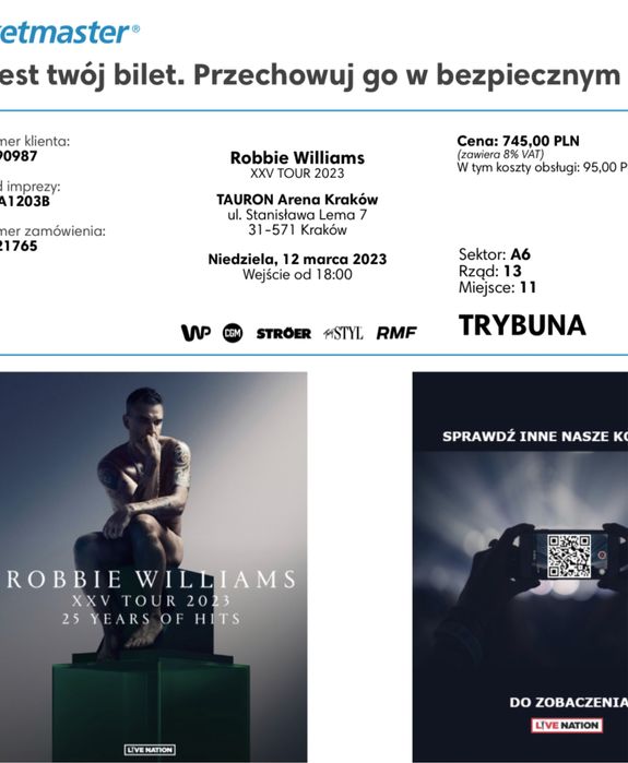 2 Bilety na koncert Robbie Williams Kraków Dobre Miejsca