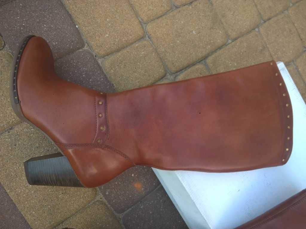 NOWE Buty-Kozaki KOWBOJKI Damskie-38 Skóra100% BRĄZ I-Klasa Gw6 +Fleki