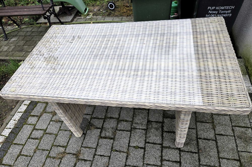 Stół technorattanowy jak nowy szklany blat beż prostokątny rattan