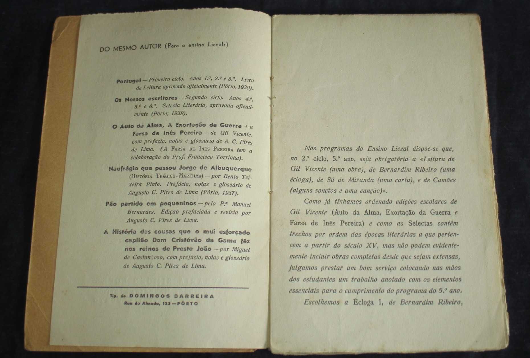 Livro Bernardim Ribeiro Sá de Miranda Camões Ensino Liceal 1939