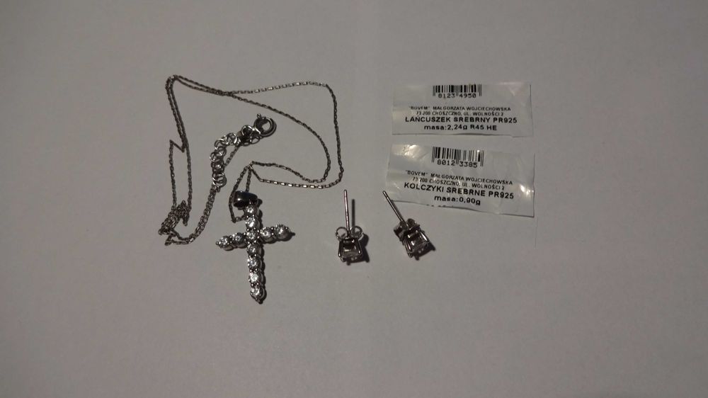 Łańcuszek z krzyżem i kolczyki srebrne PR 925