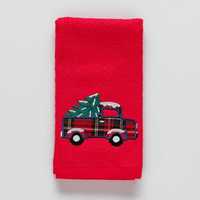 Czerwony ręcznik świąteczny do rąk dla dziecka z autem i choinką
