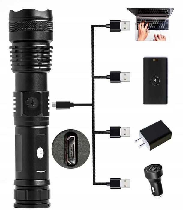 MOCNA Latarka taktyczna LED akumulator / baterie ładowanie USB ETUI