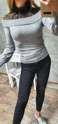 Śliczny włoski sweterek bluzka koronka gipiura XS S