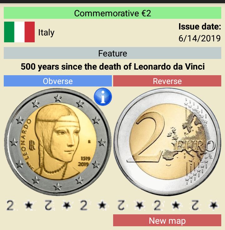 Moedas 2 euro comemorativas UNC, Itália 2019 Leonardo da Vinci