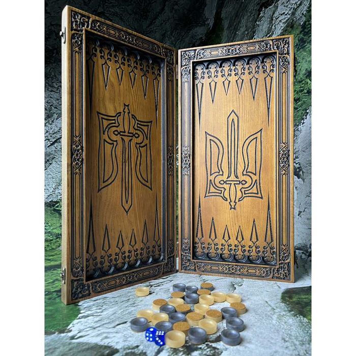 Шахи+нарди всередині, Тризуб України Нарди з шахами з дерева  2 в 1