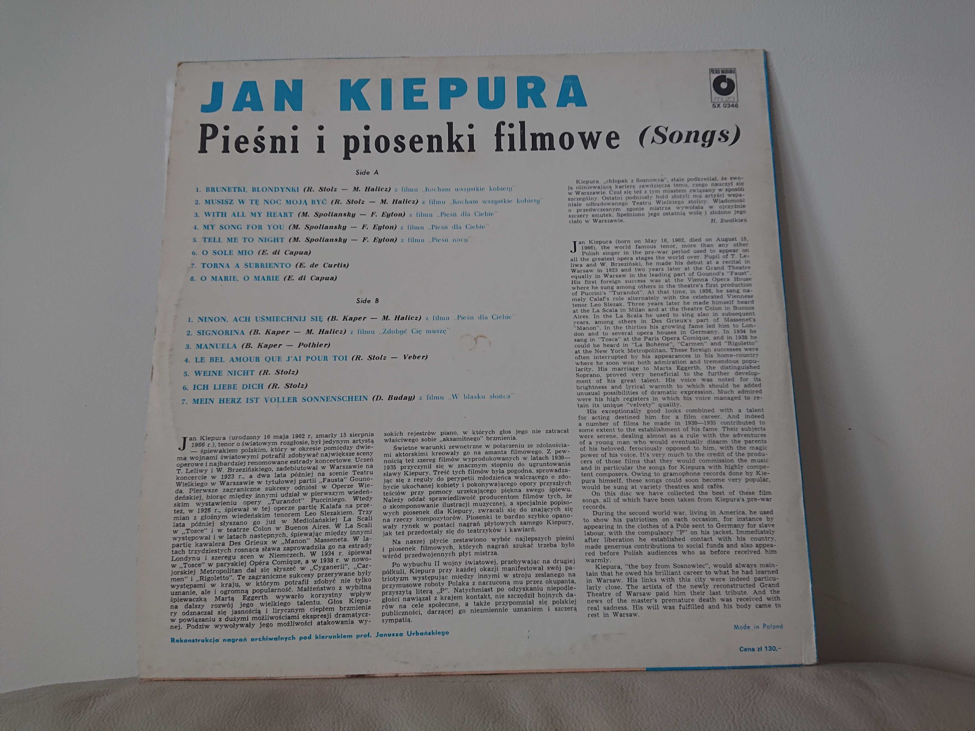 Jan Kiepura pieśni i piosenki filmowe MINT- płyta winylowa
