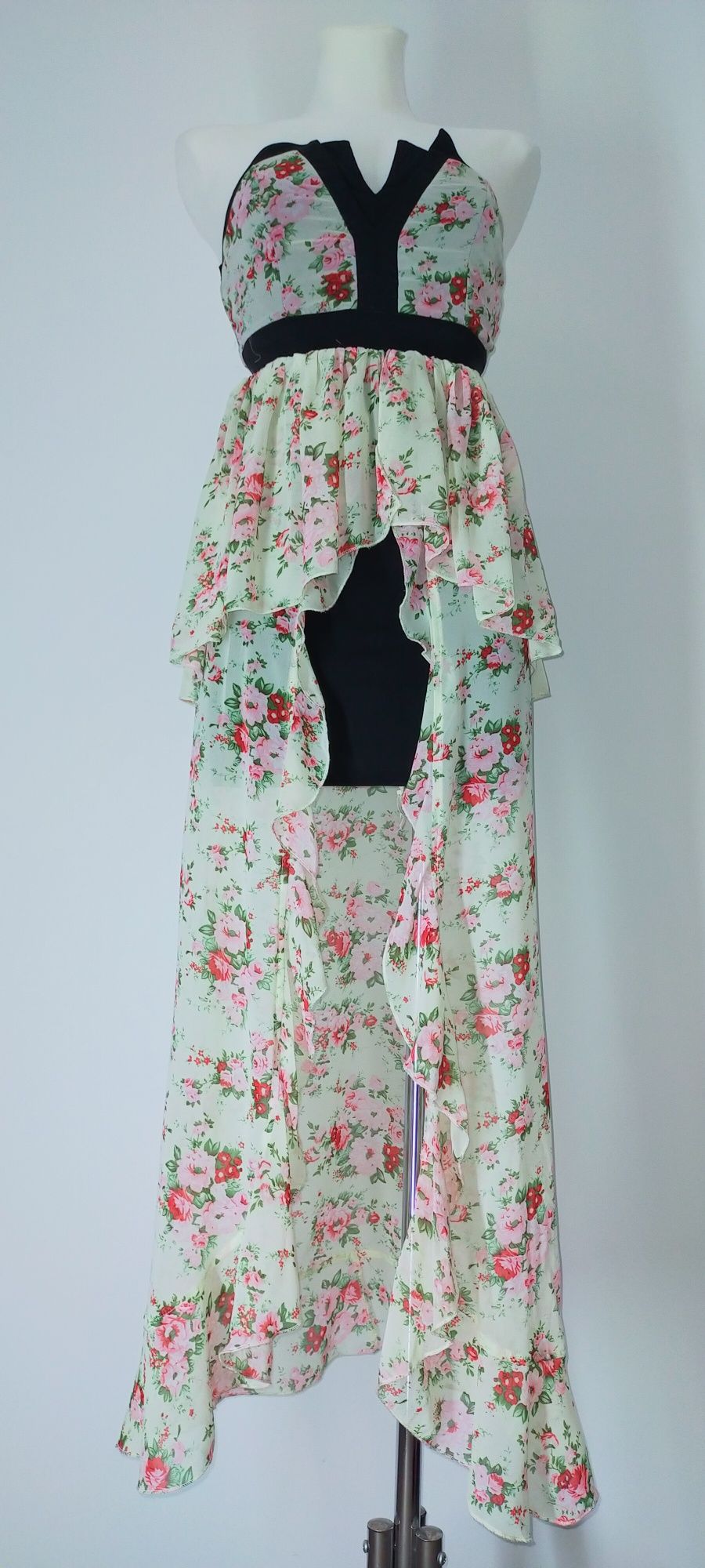 Sukienka suknia długa asymetryczna falbana kwiaty róże 36 S 38 M