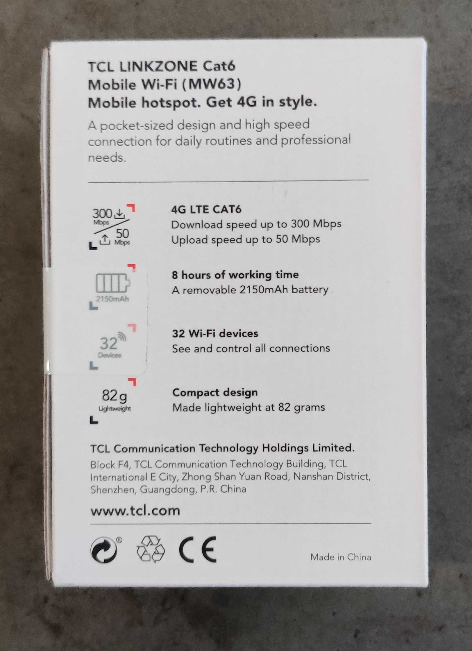 TCL Linkzone Cat6  Mobile Wi-Fi MW63  Czarny